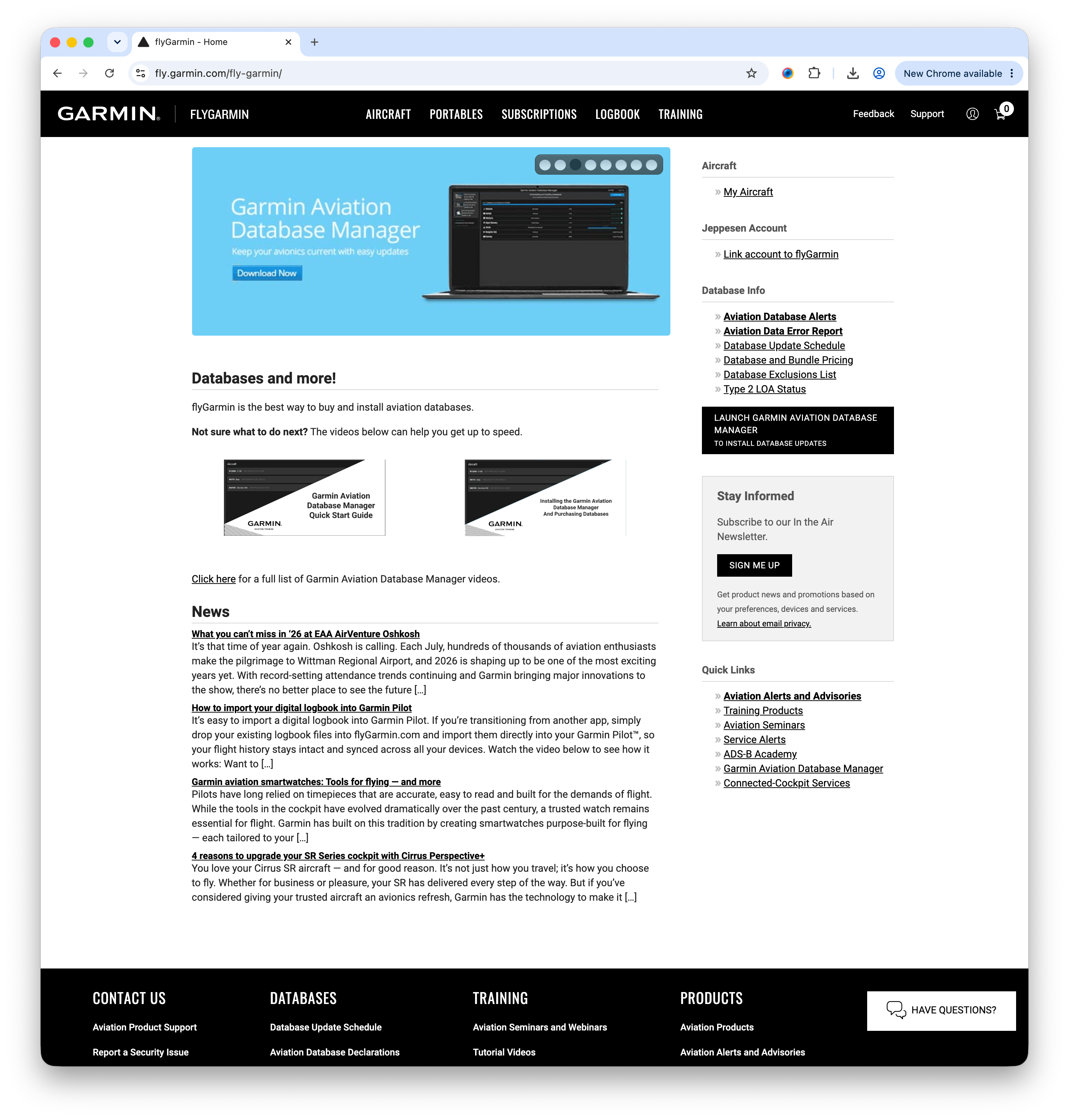 FlyGarmin home page with the Aircraft menu and My Aircraft link