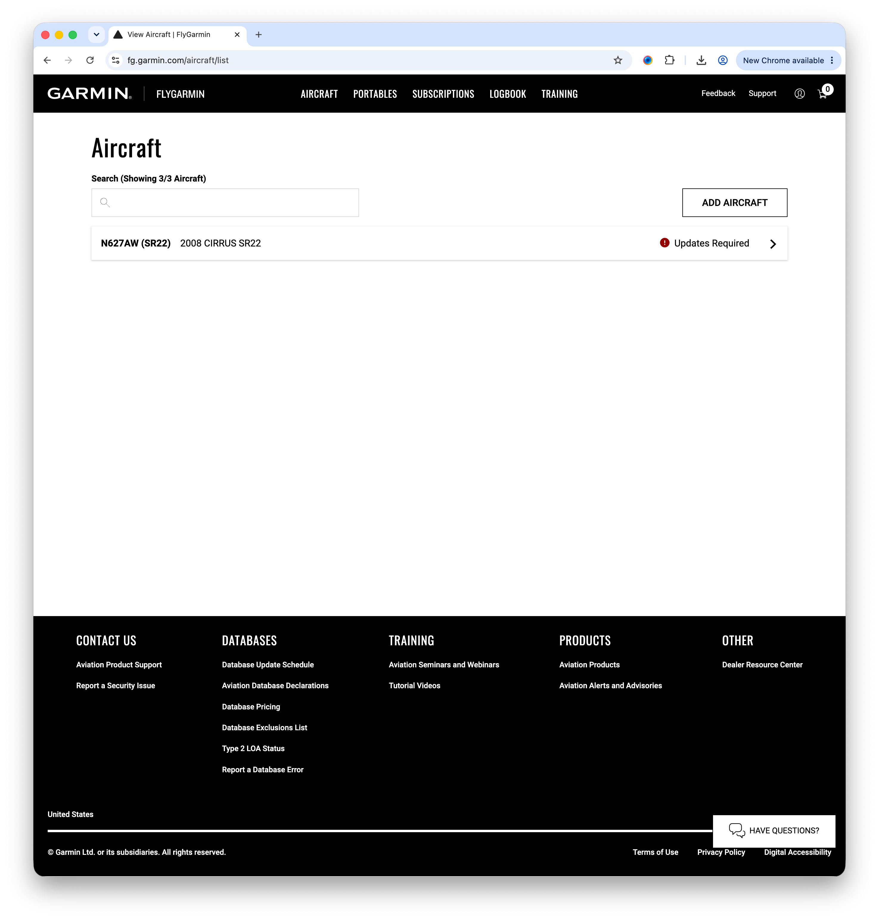 FlyGarmin aircraft list showing a Cirrus SR22 to select