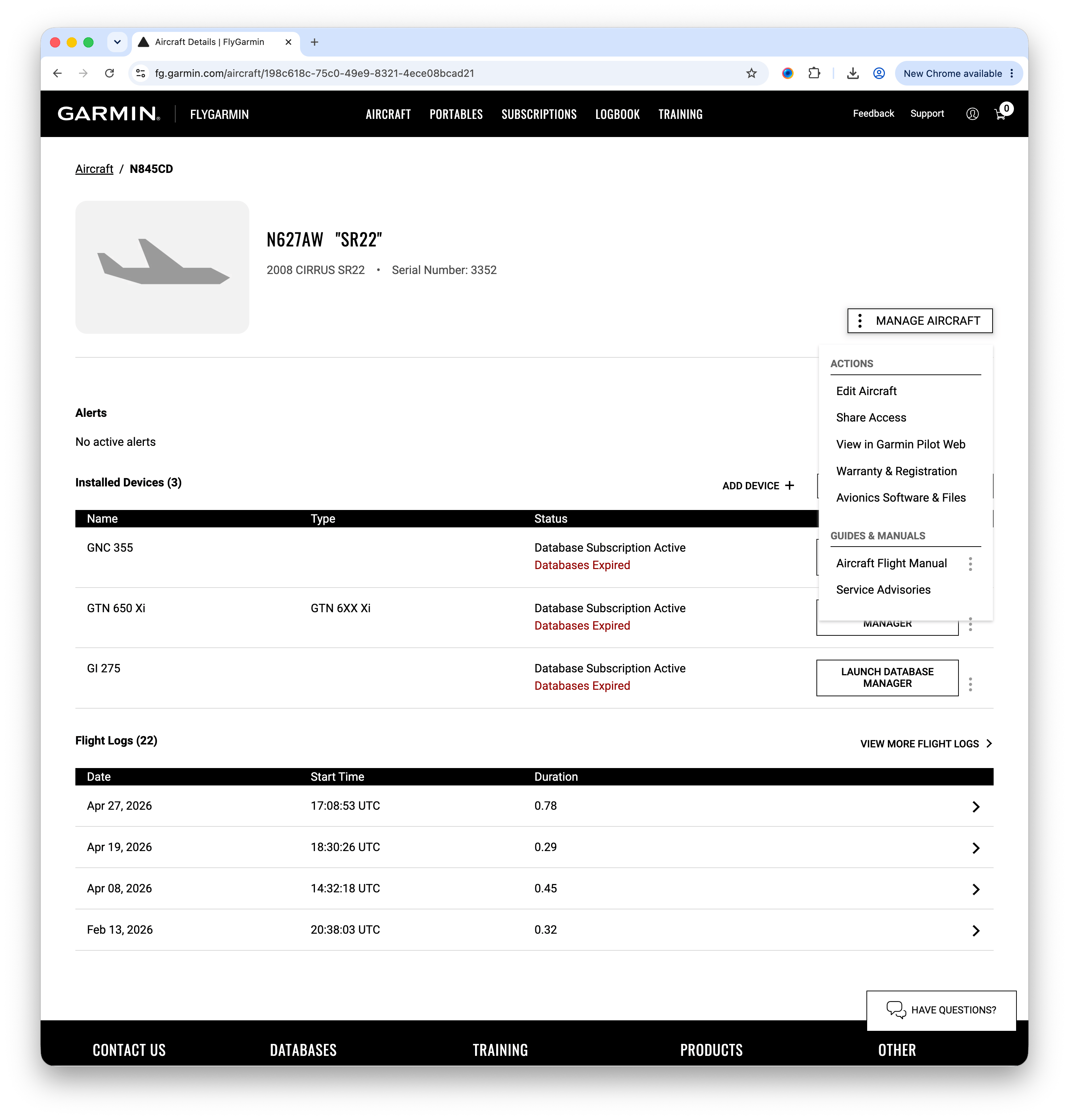 FlyGarmin aircraft detail page with the Manage Aircraft menu open and Share Access highlighted