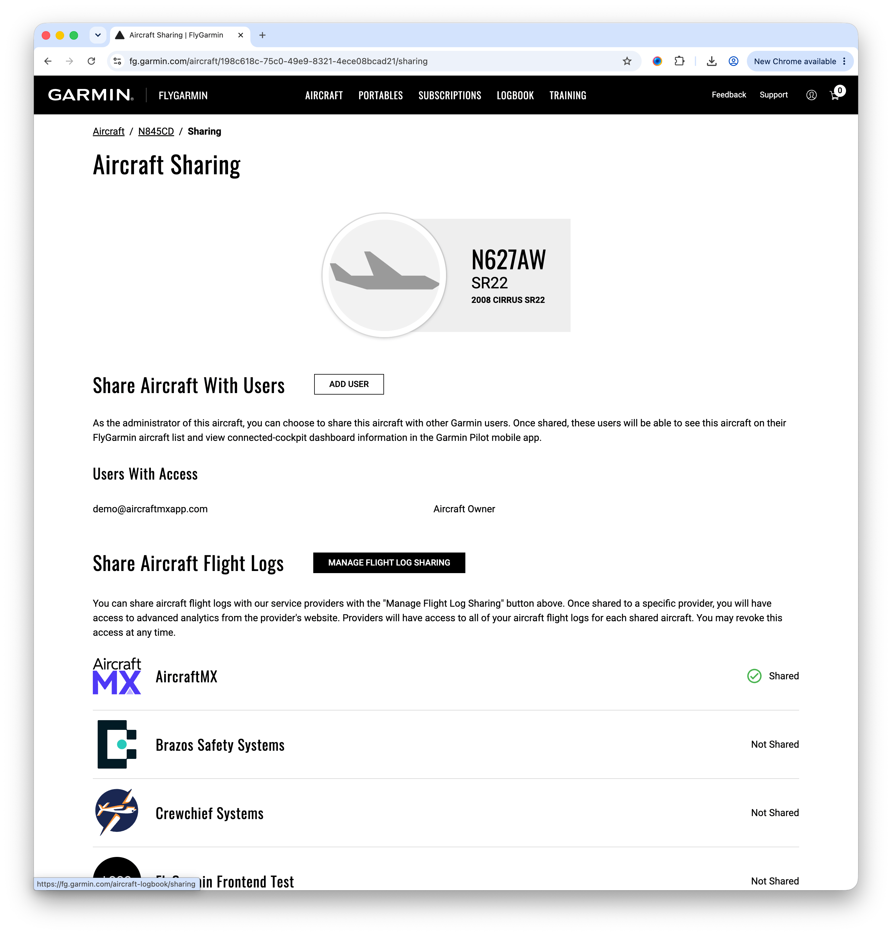 FlyGarmin Aircraft Sharing page with the Manage Flight Log Sharing button