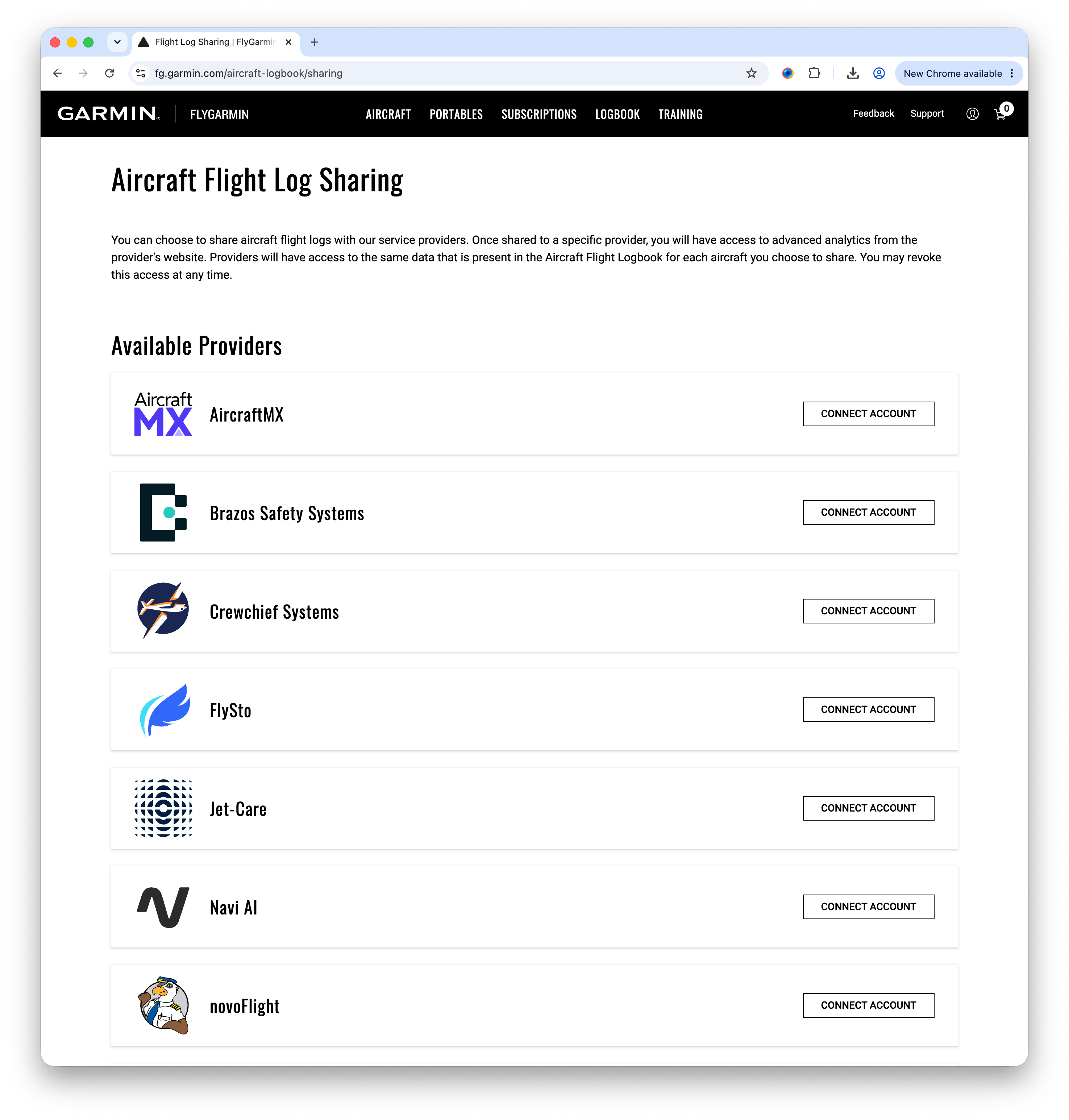 FlyGarmin flight log sharing provider list with AircraftMX and a Connect Account button