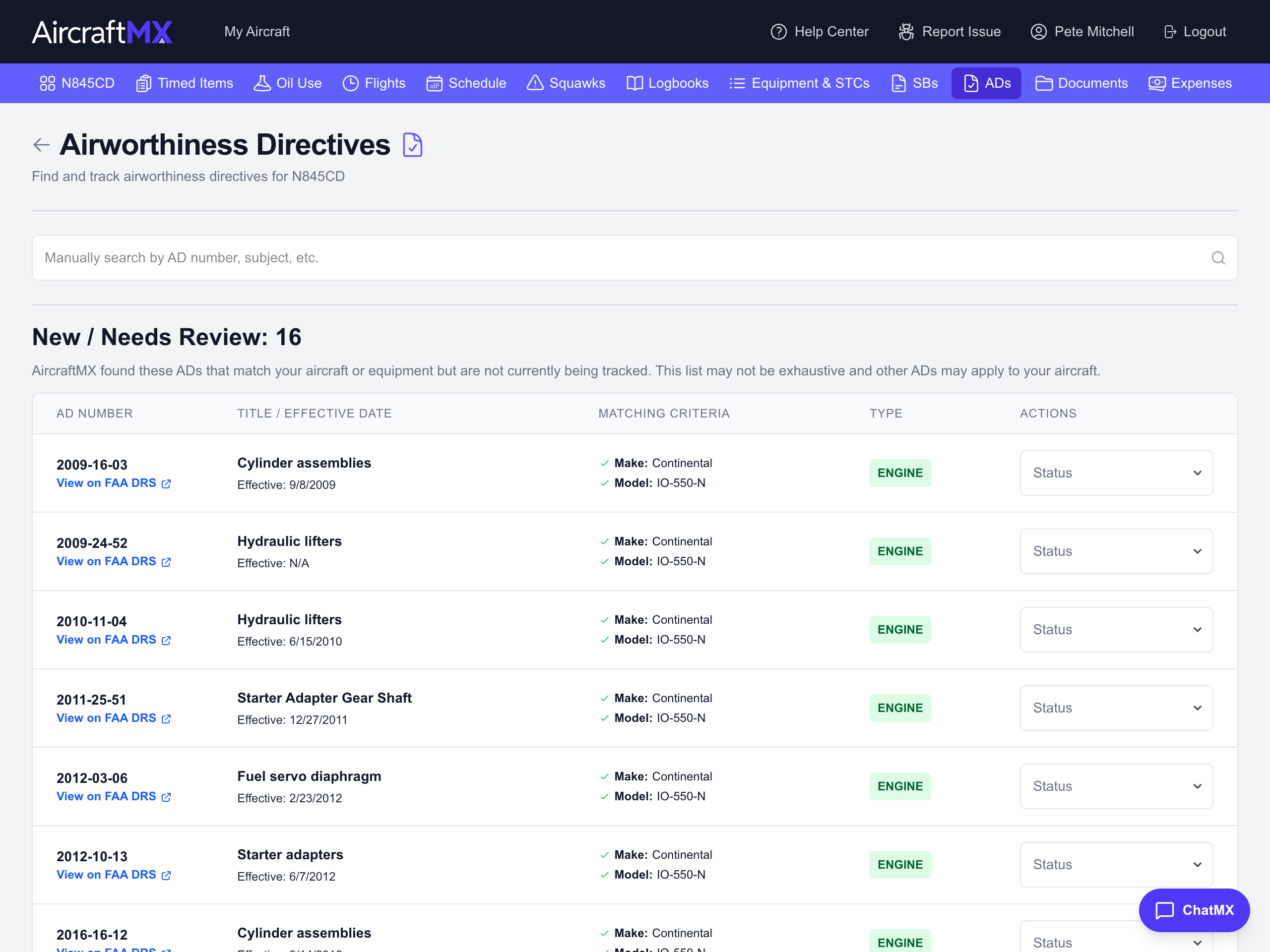 AircraftMX airworthiness directive tracking with FAA database search and compliance status