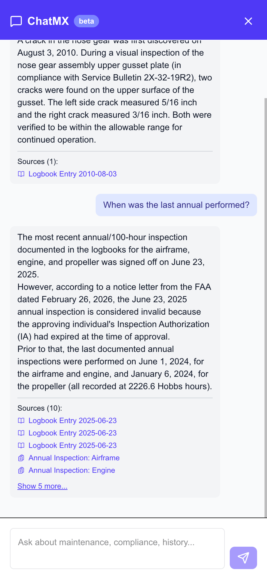 ChatMX chat interface on mobile answering maintenance questions