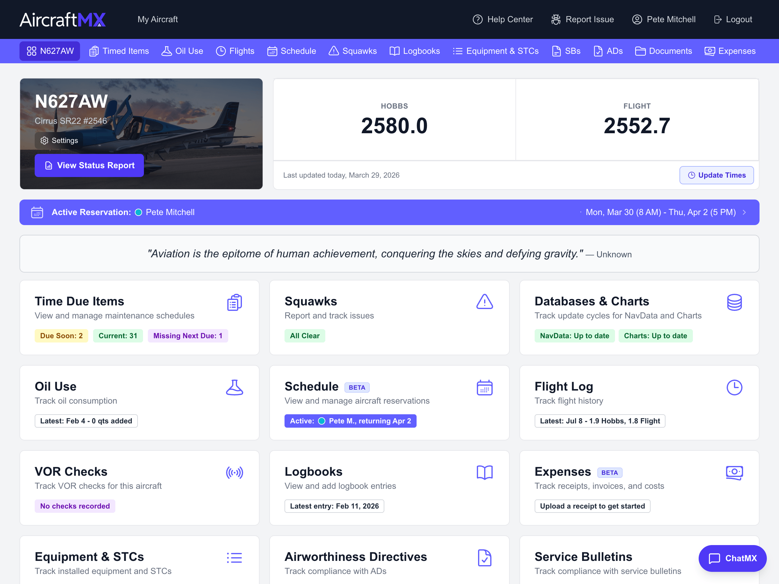 AircraftMX Dashboard showing aircraft status, upcoming maintenance, and flight hour totals