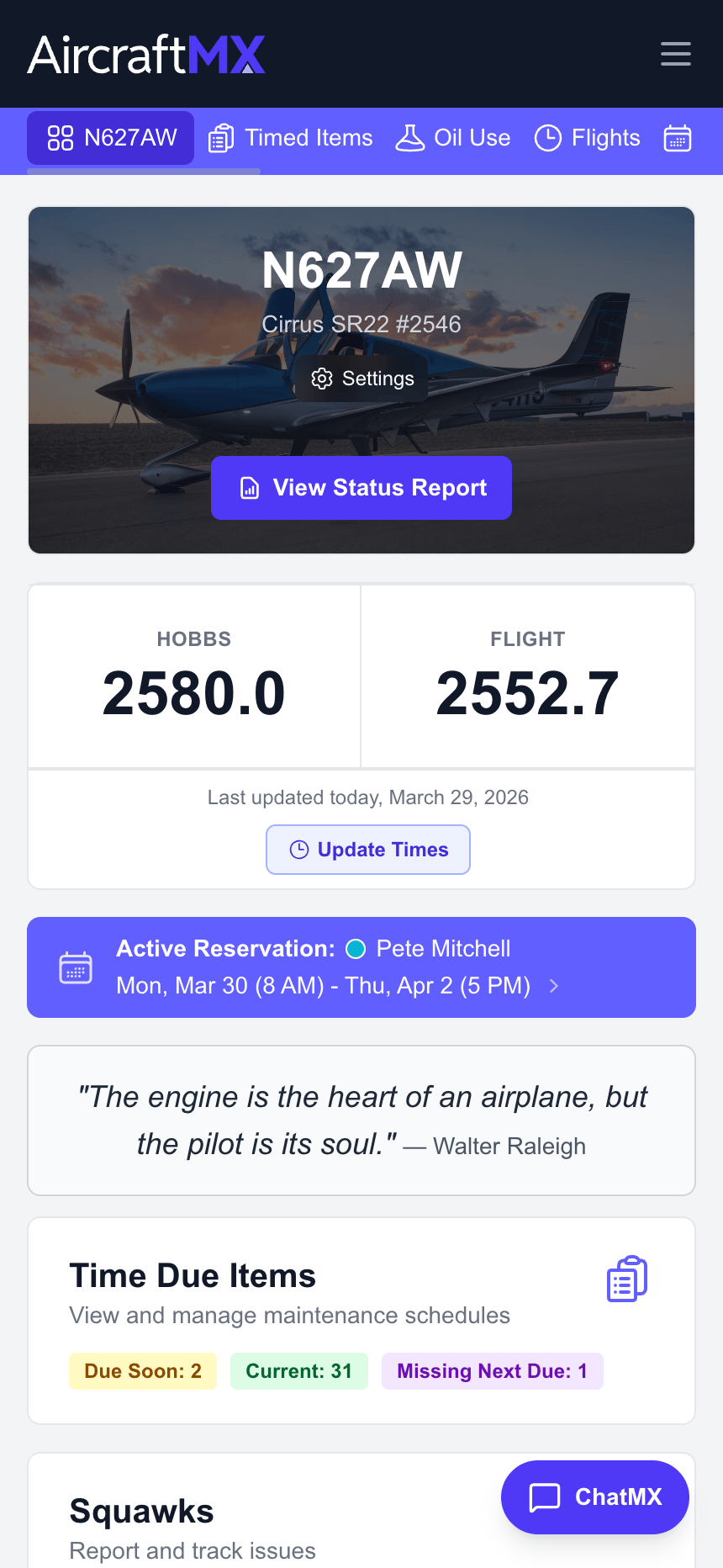 AircraftMX Dashboard mobile view showing aircraft status overview