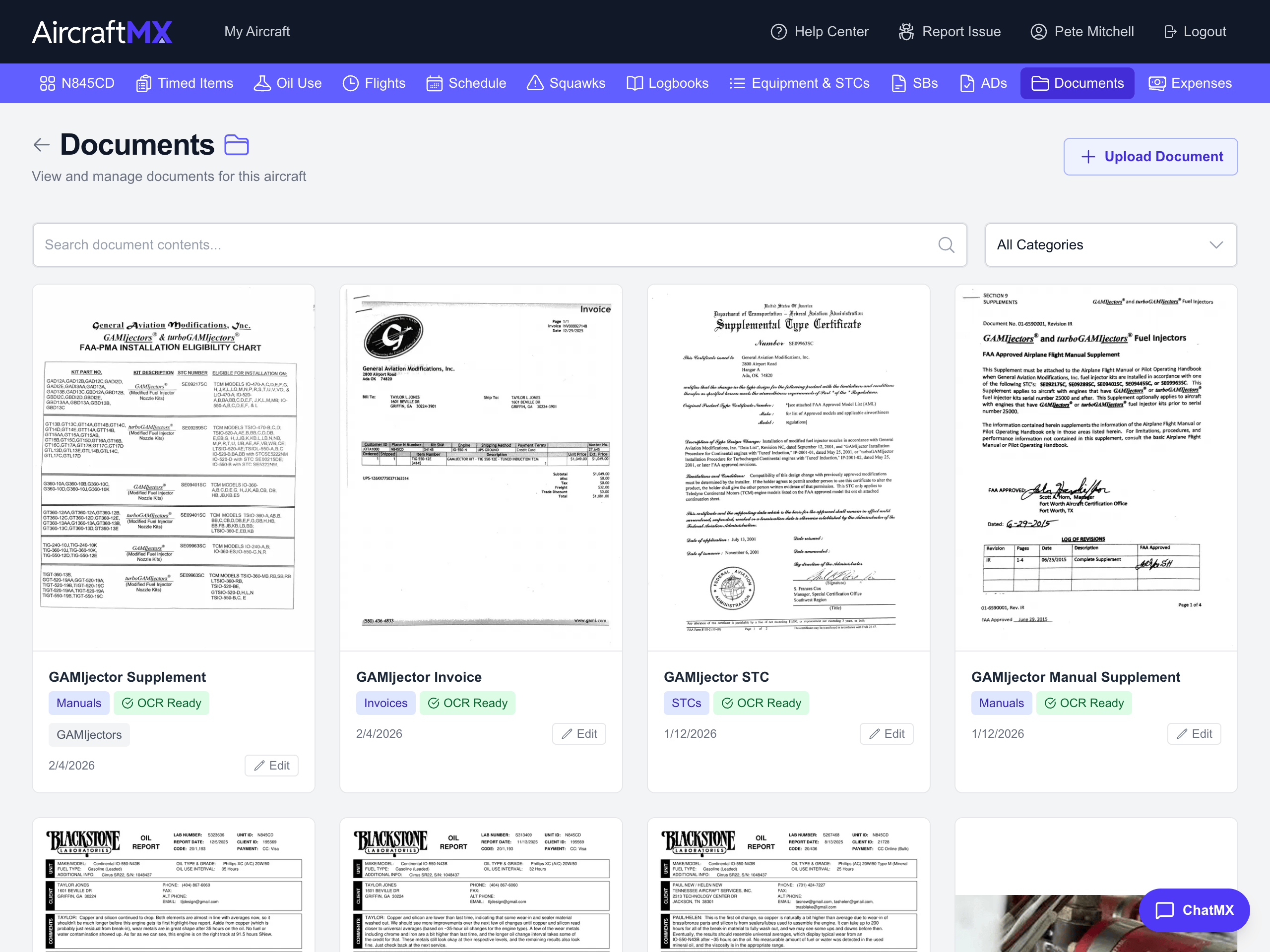 AircraftMX document management with categories, OCR text extraction, and record linking
