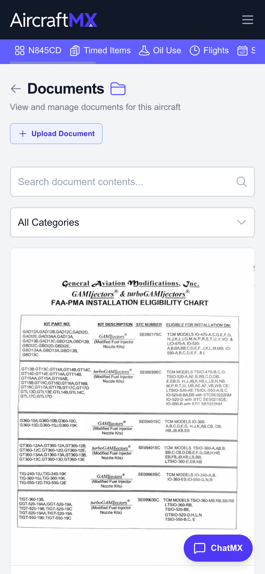 AircraftMX document management mobile view with OCR search