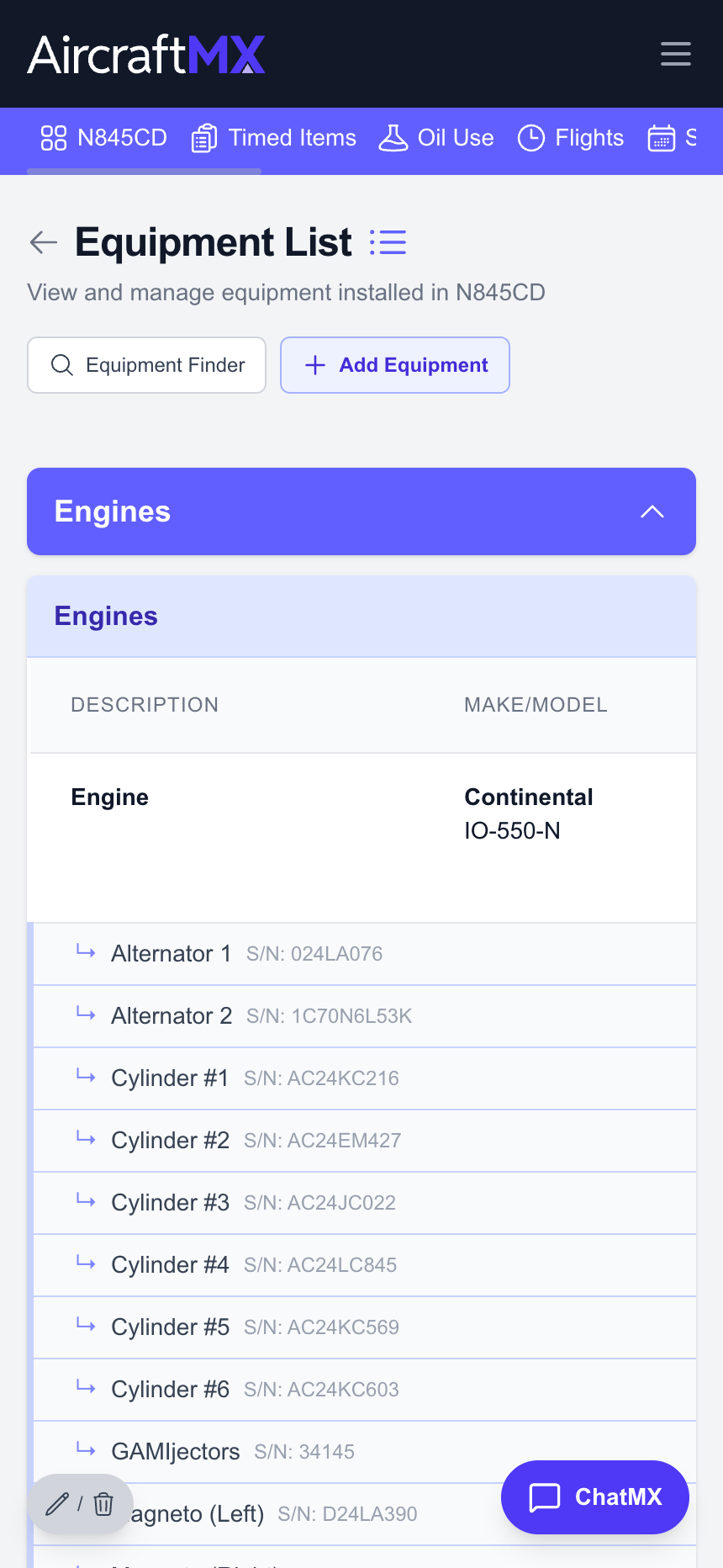 AircraftMX equipment inventory mobile view with installed components