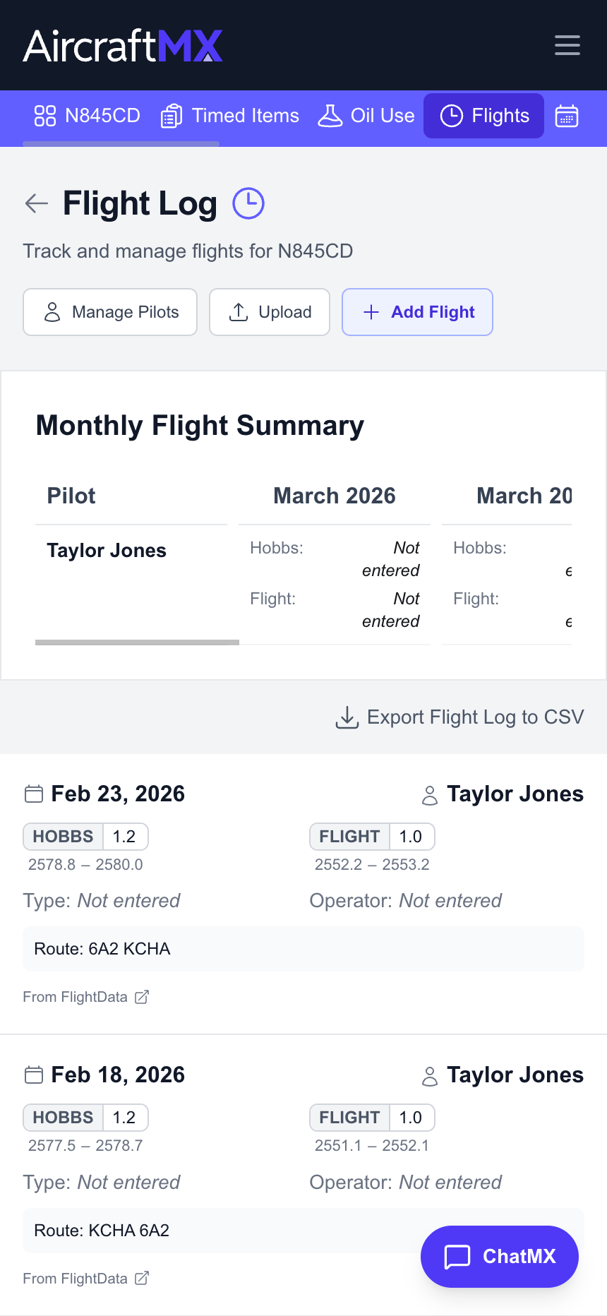 AircraftMX flight logs mobile view with departure and arrival details