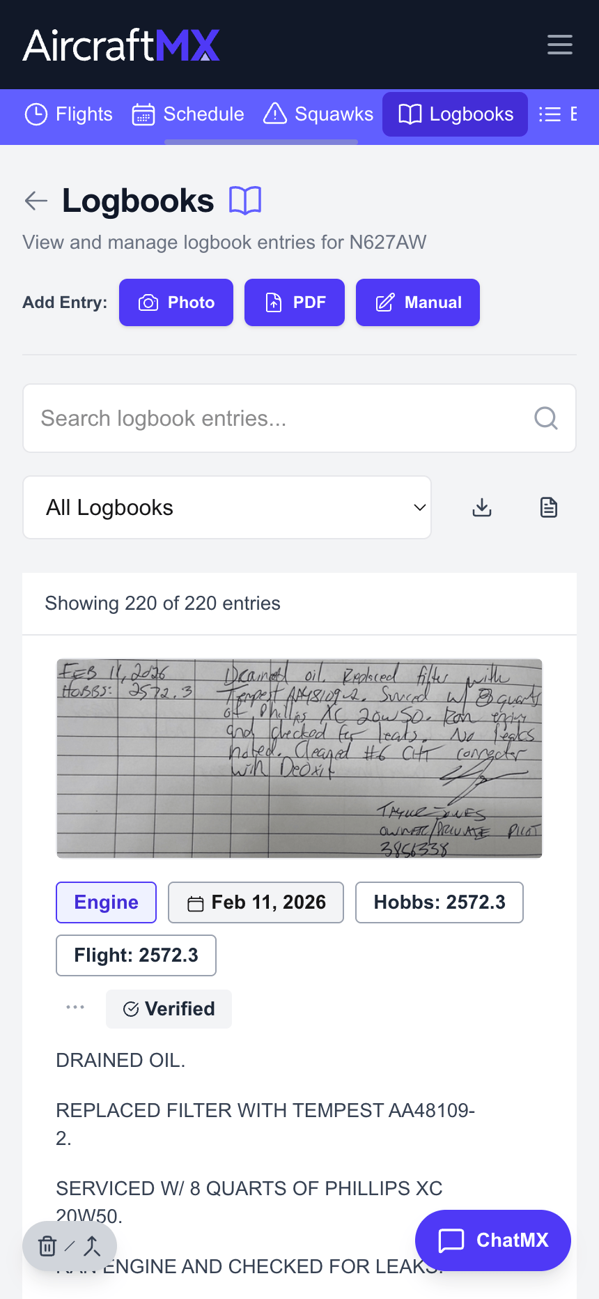 AircraftMX logbook transcription mobile view with extracted records