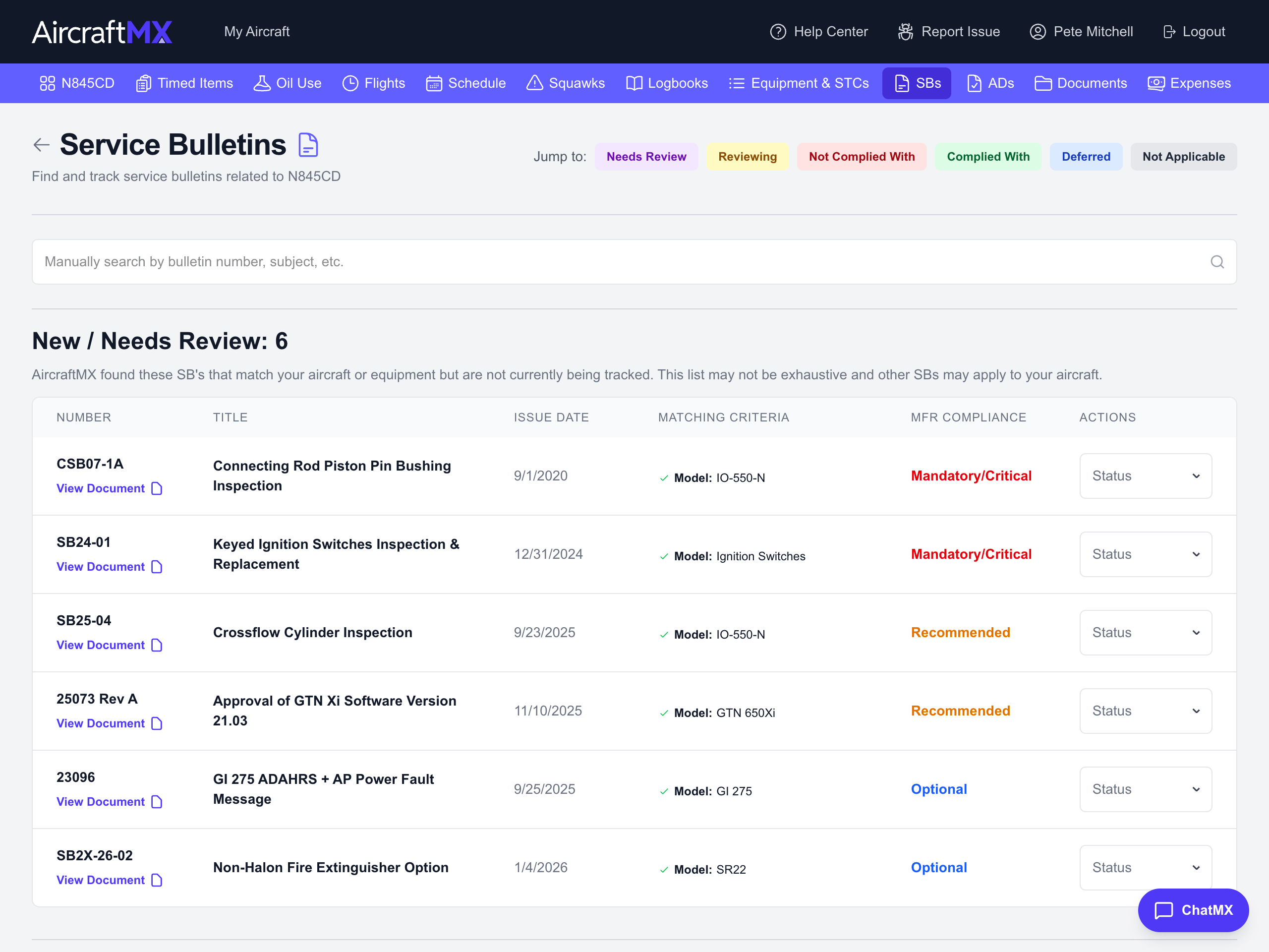 AircraftMX service bulletin library with compliance tracking and equipment matching
