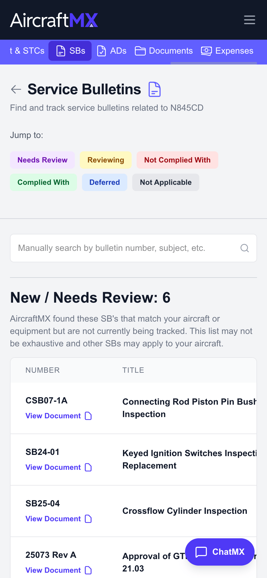 AircraftMX service bulletins mobile view with compliance tracking