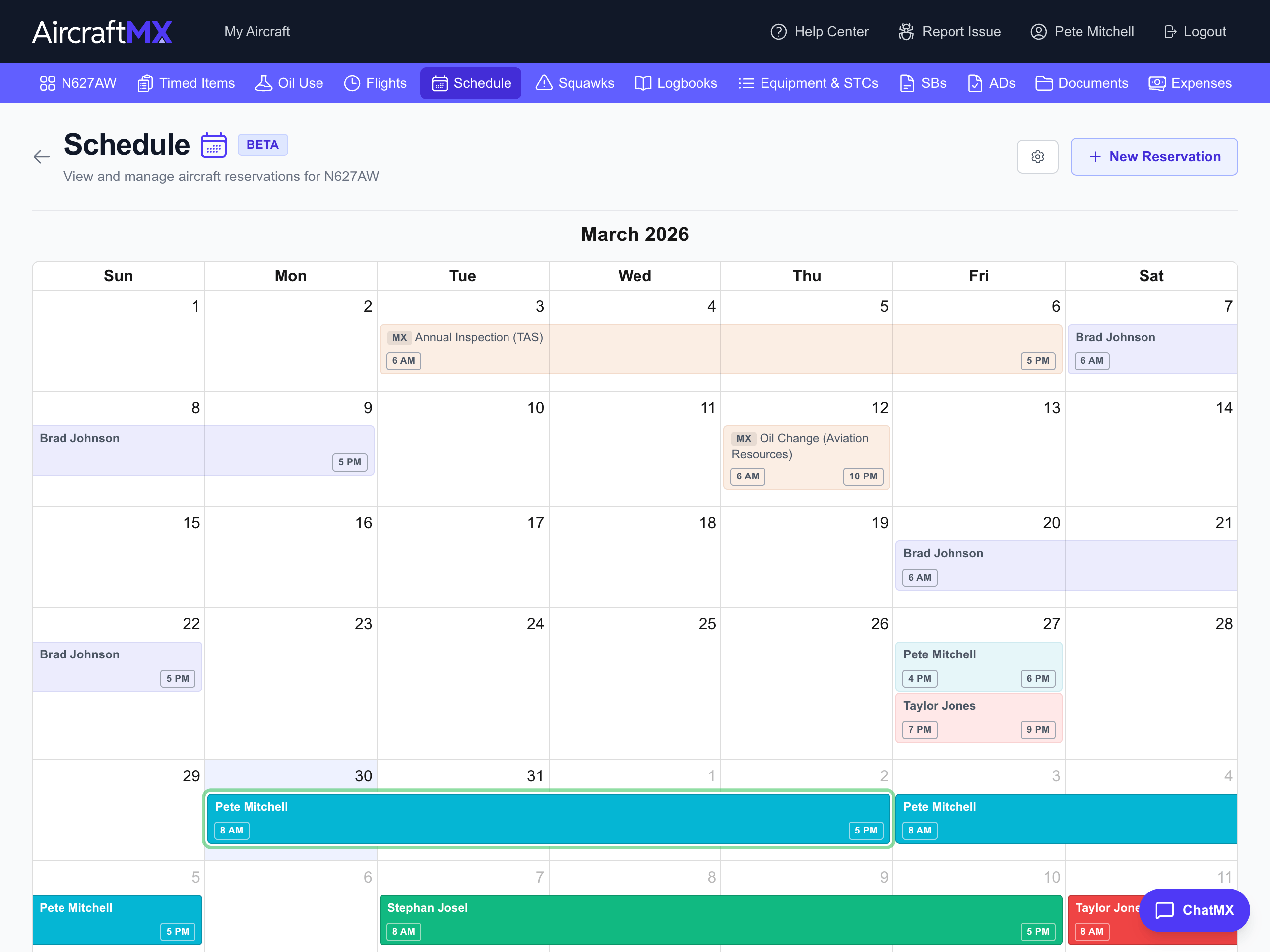 AircraftMX scheduling calendar with color-coded reservations and conflict detection