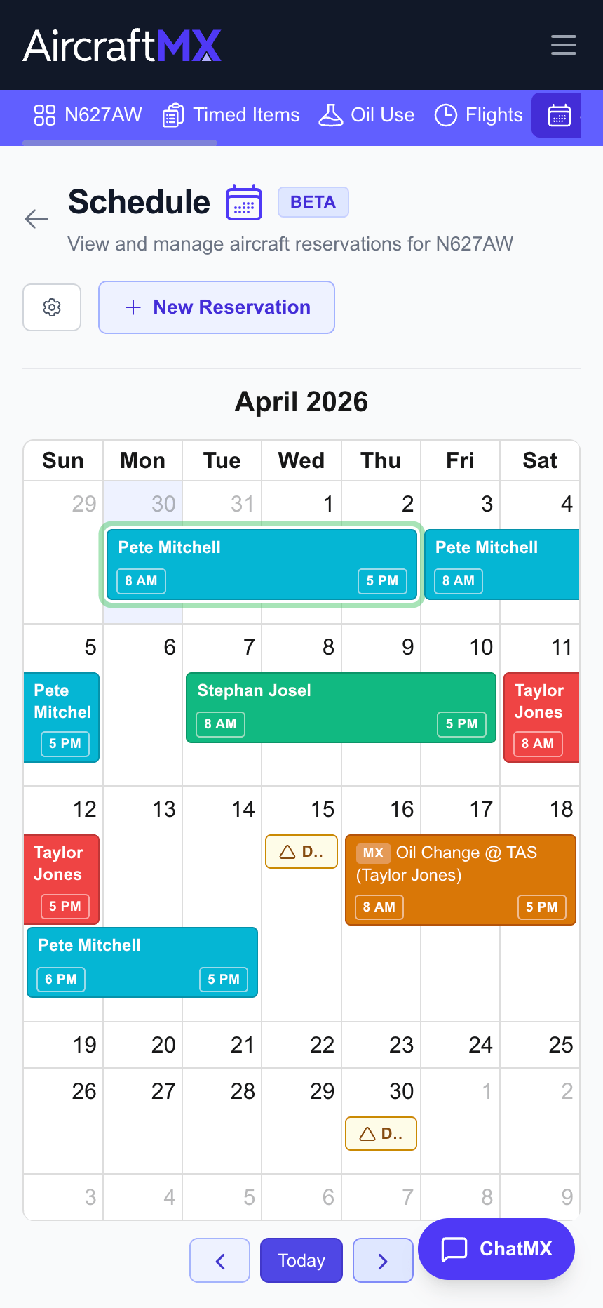 AircraftMX scheduling calendar mobile view with reservations
