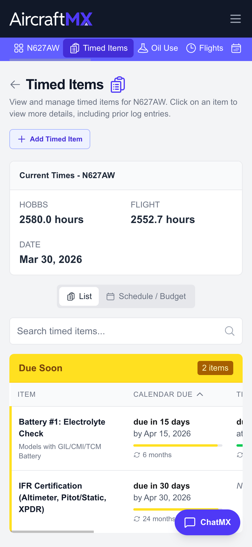 AircraftMX Timed Items mobile view with maintenance due dates