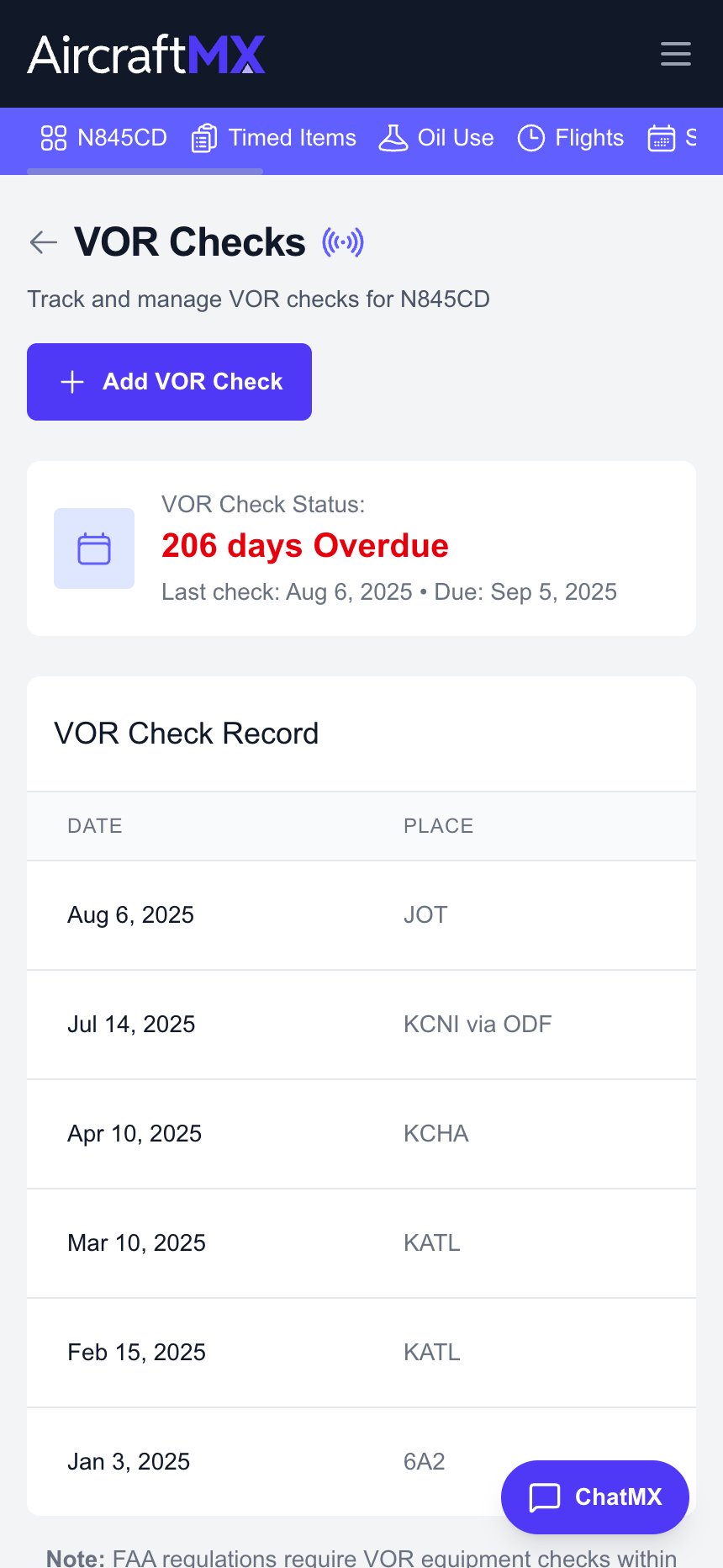 AircraftMX VOR check records mobile view with bearing errors
